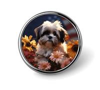 Spille con bottone da 1 pollice, con cane Shih Tzu e fiori, in lega di alluminio, per cappotto e zaino.