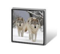 Spille con due lupi che camminano nella neve per donne e uomini, spilla quadrata alla moda, spilla carina per