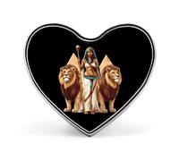 Spille in metallo a forma di cuore con la dea egizia Bastet e il leone | Spille da bavero per camicia, zaino, giacca, cappello, cappotto, borsa, abbigliamento, gioielli, accessori, regali per donne e