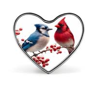 Spille natalizie a forma di cuore con uccelli Blue Jay e Cardinal, spille in metallo da bavero, regali per uomo e donna, abbigliamento, borse e cappelli