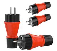 Spina Schuko 230 V IP54 - Set di 4 connettori robusti in gomma e plastica, colore nero rosso, design sigillato, perfetto per uso esterno, spina di alimentazione a 3 poli, 4 connettori