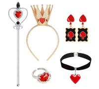 Spinosaurus Set di 5 accessori da regina di cuori, corona da regina con cerchietto e orecchini a cuore rosso, in feltro, girocollo, bacchetta e anello per le dita, accessorio per costume da regina