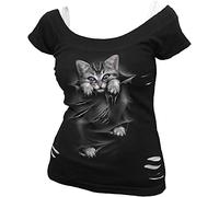 Spiral - Bright Eyes - T-Shirt Regular Nera con Strappi + Canotta Bianca - 2 in 1 per Donna - XL