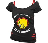 Spiral - Tweety - Born To Be Wild - T-Shirt Nera con Strappi + Canotta Rossa - 2 in 1 per Donna - M