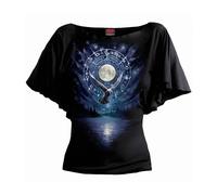 SPIRAL Witchcraft Top nero collo barca manico pipistrello con luna e simboli