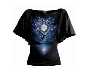 SPIRAL Witchcraft Top nero collo barca manico pipistrello con luna e simboli