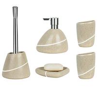 Spirella Etna - Set di 5 accessori da bagno in ceramica, con dispenser per sapone liquido, scopino per WC, portasapone, contenitore e bicchiere porta spazzolini, colore: beige pietra