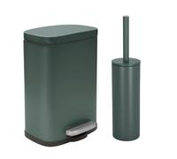 Spirella - Pattumiera a Pedale + Set Scopino WC Akira in Acciaio - Chiusura Ammortizzata Easy-Close, Anti Impronta - 21,4 x 17,6 x 30 cm - 5 L - Verde Scuro Opaco