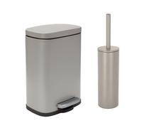Spirella - Pattumiera a Pedale + Set Scopino WC Akira in Acciaio - Chiusura Ammortizzata Easy-Close, Rivestimento Anti-Impronta - 21,4 x 17,6 x 30 cm - 5L - Tortora Opaco