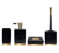 Spirella - Set di 4 accessori da bagno in porcellana Roma, dispenser per sapone liquido, scopino per WC, portasapone, contenitore e bicchiere per spazzolino da denti, nero/oro