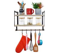 Spiretro Mensole Galleggianti 2 Livelli con Porta Spezie e Barra per Asciugamani, Ganci Metallici per Organizzare Tazze e Utensili, Storage Casa per Cucina, Bagno, Legno Rustico_Grigio
