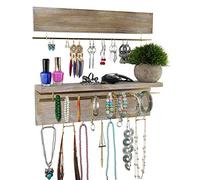 Spiretro Set di 2 portagioielli in metallo da parete, orecchini in metallo rimovibili, bracciale, gancio, collana, anelli, accessori, ripiano in legno massello, grigio rustico