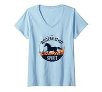 Spirito Occidentale: Emblema del Tramonto del Deserto del Cavallo Selvatico, Ragazza Mucca Maglietta con Collo a V, Donna, Celeste, L