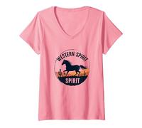 Spirito Occidentale: Emblema del Tramonto del Deserto del Cavallo Selvatico, Ragazza Mucca Maglietta con Collo a V, Donna, Rosa, L