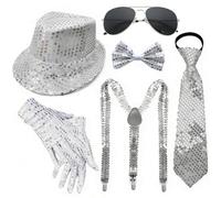 Spiritzohic Accessori per Costume da MJ, Rocker Star anni '80, Set per Cosplay con Cappello Jazz con Paillettes, Guanti, Occhiali da Sole, Set per Feste a Tema anni '80, Carnevale, Feste di-Argento