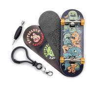 SPITBOARDS 32 x 96 mm Fingerboard Complete Wood Set-Up Assembled, 5 strati, Silver Trucks with Bushings and Nuts, CNC Bearing Wheels in arancione trasparente, Lasered Foam Grip Tape Cute Monster