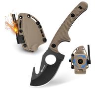 SPITZKANTE Coltello da collo HO-YN - Mini coltello lama fissa per esterni con clip girevole a 360°, lama da 6,2 cm, fischietto integrato, catena a sfere, lama nera e manico kaki