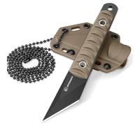 SPITZKANTE Coltello da - Mini coltello lama fissa da 5,6 cm in acciaio 5Cr14MoV, con guaina in ABS e catenella a sfera, lama nera e impugnatura color cachi