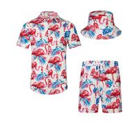 SPKPKEY Camicia hawaiana da uomo e pantaloncini, set da 2 pezzi, casual, con bottoni, estivi, da spiaggia, con cappelli alla pescatora, Fenicottero bianco e rosso, L