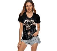 SPLADO T-Shirt da Donna con Stampa Digitale con Teschio con Scollo a V, Maglietta da Notte di Halloween a Maniche Corte Casual Elasticizzata Sportiva (Color : Black, Size : XL)