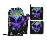 Splatter Psichedelico Trippy Acid Space Alien Il Terzo Occhio Guanti da forno Presine Set Guanti da cucina antiscivolo Guanti da forno lavabili resistenti al calore per microonde BBQ Cottura alla grig