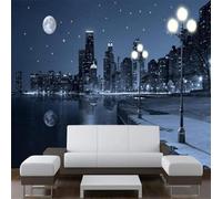 Splendida Architettura Urbana Panorama Notturno Riva Del Fiume Cielo Illuminato Dalla Luna Moderna Carta Da Parati 3D Seta Pregiata Testurizzata Ideale Per La Camera Letto Del Soggiorno-200cm×140cm