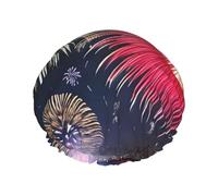 Splendida cuffia da doccia stampata con fuochi d'artificio, riutilizzabile, appositamente progettata per i capelli lunghi delle donne, struttura a doppio strato, adatta per il bagno.