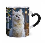 Splendida tazza da caffè con gatto bianco cangiante da 11 once, con manico a forma di orecchio, divertenti tazze in ceramica, tazze personalizzate, tazze da tè calde per regali da uomo e donna.