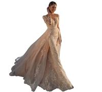 Splendido Abito da Sposa Staccabile 2 in 1 Ricamato in Pizzo su Rete con Strascico O-Collo Abito da Sposa Vintage A Maniche Lunghe
