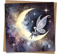 Splendido biglietto di auguri con luna di fata - bellissimo biglietto artistico per compleanno da donna con galassia crescente
