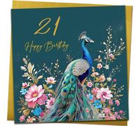 Splendido biglietto di compleanno per 21° compleanno, bellissimo biglietto di compleanno floreale con pavone con busta dorata metallizzata