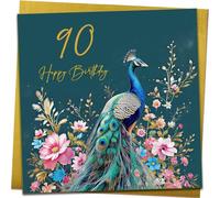 Splendido biglietto di compleanno per 90° compleanno, bellissimo biglietto di compleanno floreale con pavone con busta dorata metallizzata