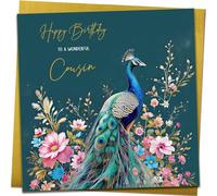 Splendido biglietto di compleanno per cugino, bellissimo biglietto di compleanno con pavone floreale con busta dorata metallizzata
