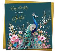 Splendido biglietto di compleanno per zia | bellissimo biglietto di compleanno floreale con pavone con busta oro metallizzato