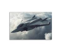 Splendido poster militare futuristico con jet da combattente furtivo che vola tra le nuvole, design minimalista, dipinto decorativo da parete su tela e decorazione moderna per la camera da letto di