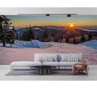 Splendido Tramonto Montagne Boschi Paesaggio Innevato Moderna Carta Da Parati 3D Seta Pregiata Testurizzata Ideale Per La Camera Letto Del Soggiorno-350cm×256cm
