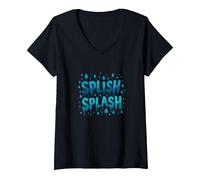 Splish Splash - Gocce d'Acqua per Divertimento Estivo Maglietta con Collo a V, Donna, Nero, S