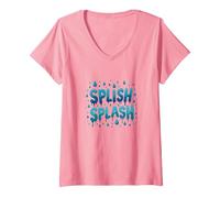 Splish Splash - Gocce d'Acqua per Divertimento Estivo Maglietta con Collo a V, Donna, Rosa, XXL