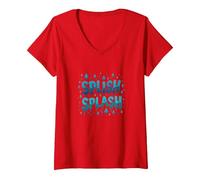 Splish Splash - Gocce d'Acqua per Divertimento Estivo Maglietta con Collo a V, Donna, Rosso, XXL