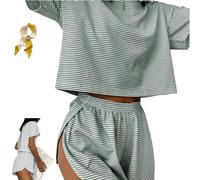 Split Short Pajama Set,Wrap Soft And Seductive Pajama Set for Women,Striped Print Two Piece Set Loungewear