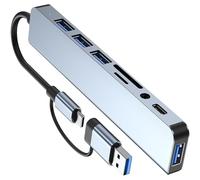 Splitter 8-in-2 USB C+USB3.0 Dock 8 porte esteso 3xUSB2.+1xUSB3.+1xType Card Reader Adapter per PC Tastiere Data Hub