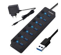 Splitter USB 3.0 con adattatore 5V/2A, estensione USB a 7 porte con interruttore
