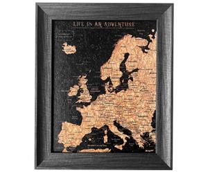 Splosh Mappa dei viaggi - Bacheca con mappa dell'Europa in nero, cornice in legno, mappa dell'Europa con 100 spilli in 2 colori per segnare le tue avventure passate e future, mappa dell'Europa per