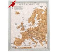 Splosh Mappa dei viaggi - bacheca da scrivania con mappa dell'Europa in grigio, cornice in legno, mappa dei viaggi in sughero con 100 spilli in 2 colori per segnare le tue avventure passate e future