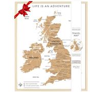 Splosh Travel Map - Bacheca con mappa del Regno Unito in bianco, cornice in legno, bacheca da viaggio con 100 spilli in 2 colori per personalizzare e segnare le tue avventure passate e future, mappa