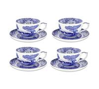 Spode Blue Italian - Set di 4 tazze Jumbo con piattino, in porcellana, con bordo ornato e design scenico, eleganti bicchieri in ceramica per caffè, tè, brunch