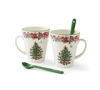 Spode Christmas Tree 2023, set di 4 tazze e cucchiai, tazze natalizie, adatte al microonde e alla lavastoviglie, graziose tazze da caffè e cucchiaio, in porcellana, tazza da caffè da 370 ml, rosso