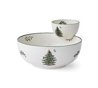 Spode Set da 2 pezzi per servire patatine e salse con albero di Natale, set festivo per intrattenimento e servire snack, iconico motivo albero di Natale, porcellana, lavabile in lavastoviglie, forno a