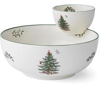 Spode Set da 2 pezzi per servire patatine e salse con albero di Natale, set festivo per intrattenimento e servire snack, iconico motivo albero di Natale, porcellana, lavabile in lavastoviglie, forno a