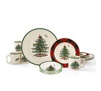 Spode Set da tavola in tartan con albero di Natale, 16 pezzi, servizio per 4 piatti da cena e insalata, tazze da caffè e ciotole per cereali, piatti per le vacanze, lavabili in lavastoviglie